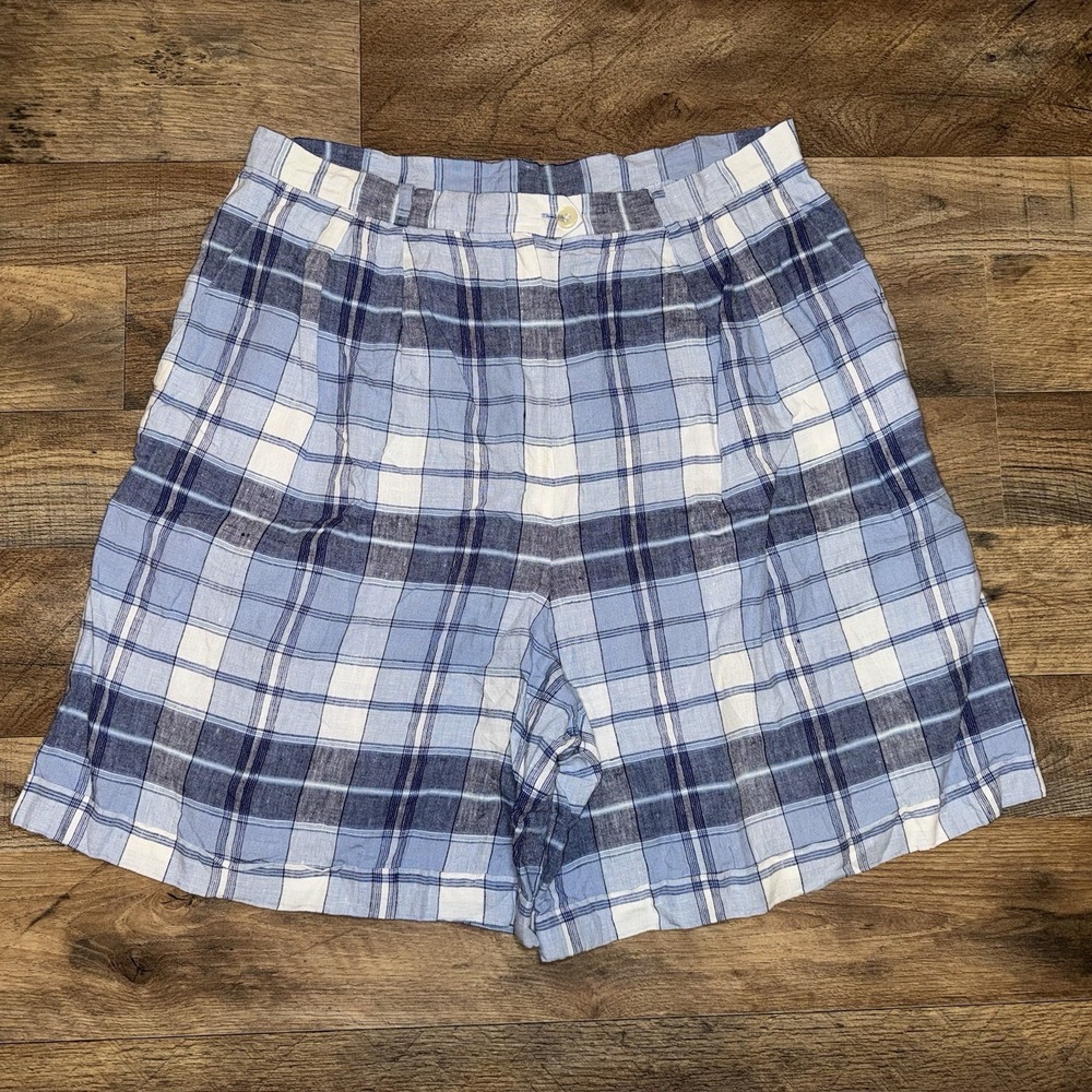 Lauren Ralph Lauren 100% Linen Blue Plaid Shorts Size 14